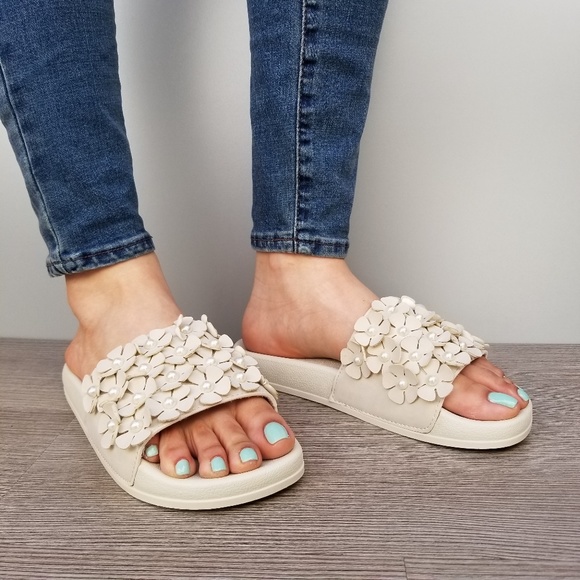 Beige Slider Sandal Flower and Pearl Accents-A - Picture 2 of 6